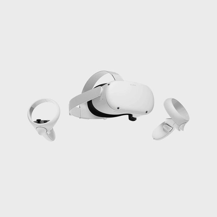VR headset and two controllers appear suspended against a plain, light gray background.