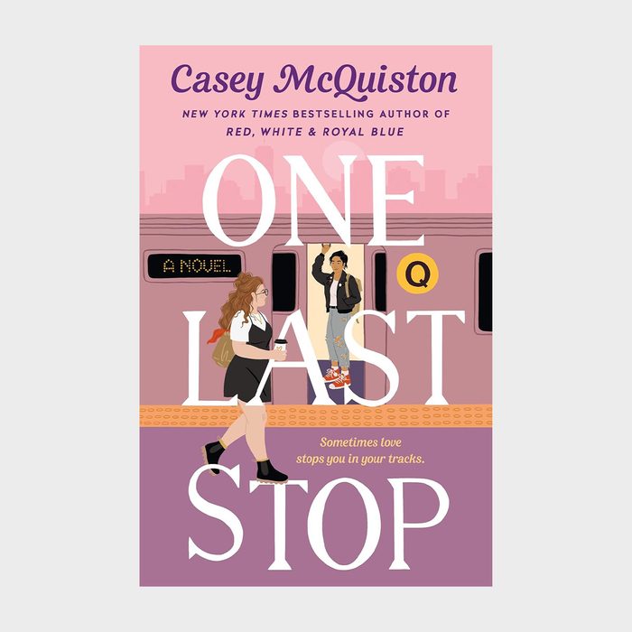 Two women stand near a subway train. One walks with coffee; the other stands in the door. Text: 