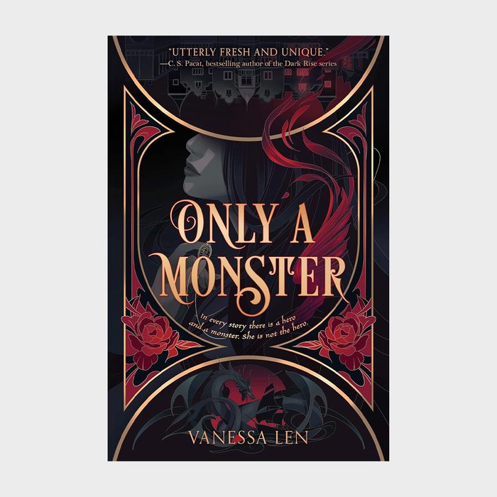 Cover features stylized silhouette of a woman's profile amidst swirling red ribbons, surrounded by roses. Text: 