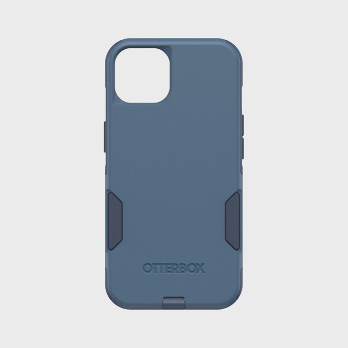 Blue phone case, standing upright, placed against a plain white background; features text 