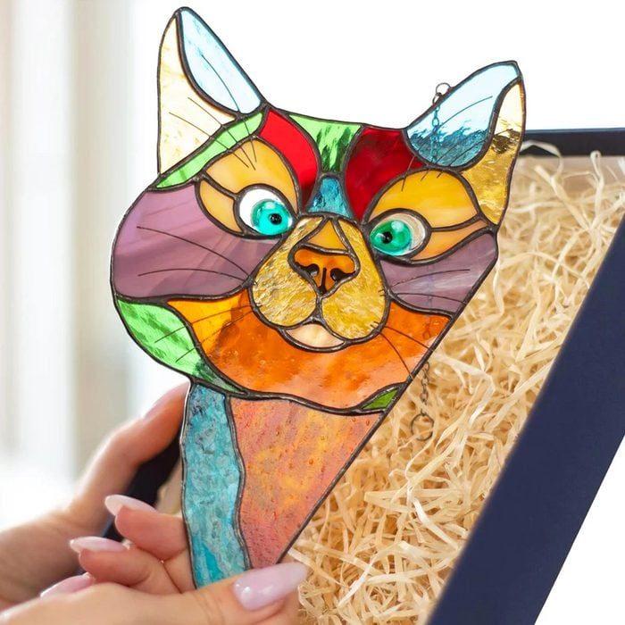 Stained glass cat, being held, surrounded by packaging straw in a box.