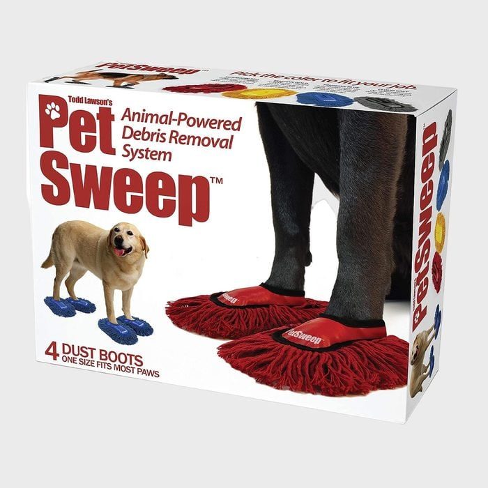 Box displays a dog's legs wearing mop-like boots, promoting a pet-powered cleaning system called 