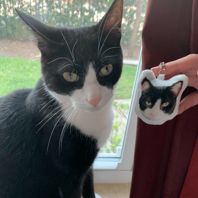 A black-and-white cat sits by a window while someone holds a matching keychain featuring the cat's face.