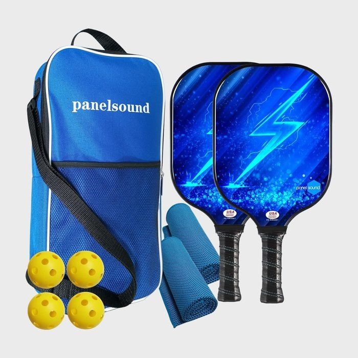 Pickleball set includes blue bag labeled 
