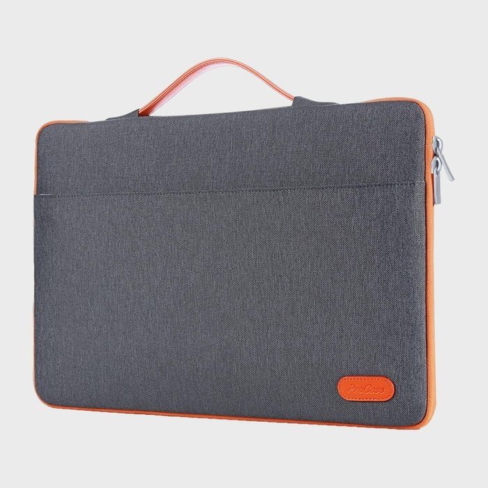 A dark gray laptop sleeve with an orange handle and side trim set against a plain gray background. Zipper and â€œProCaseâ€ label are visible.