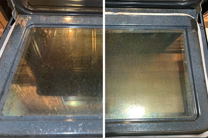Microwave door before dirty with smudges and after cleaning clean and shiny