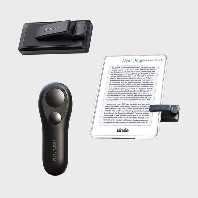Remote control interacts with e-reader, showing text. Clips and buttons included, gray background.