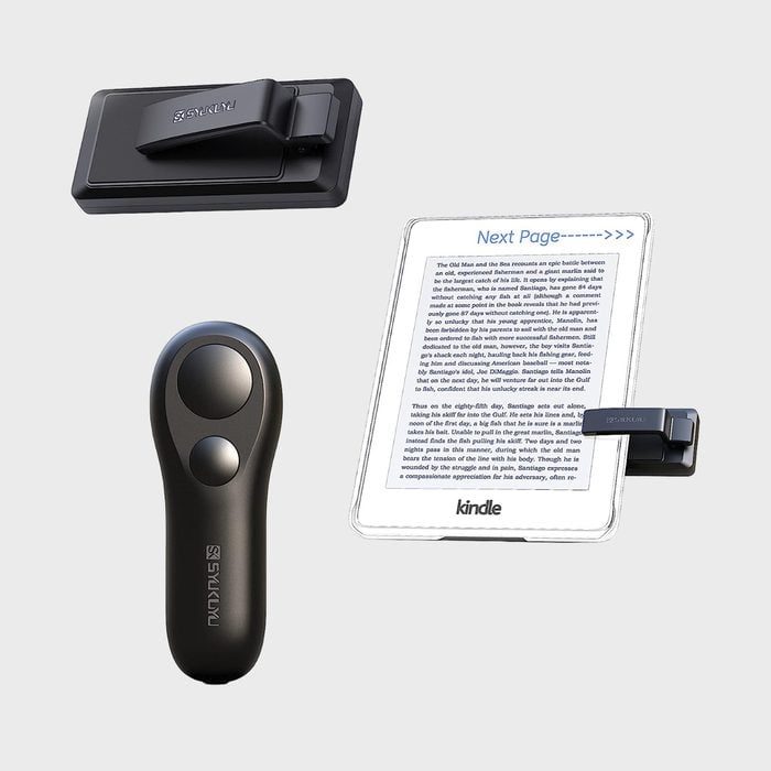 Remote control interacts with e-reader, showing text. Clips and buttons included, gray background.