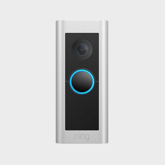 A rectangle doorbell with a camera and blue-lit button, labeled 
