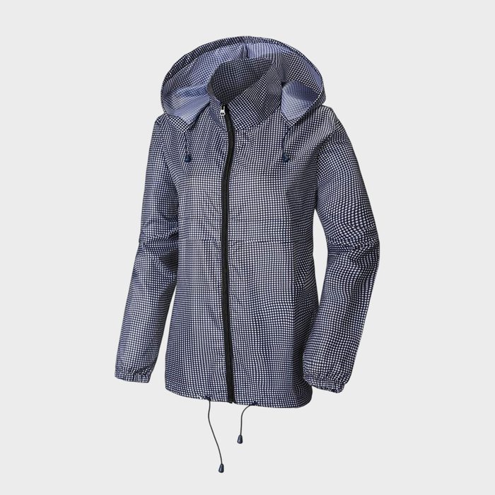 Jacket; displayed with hood up and sleeves extended; features a small checkered pattern against a plain white background.