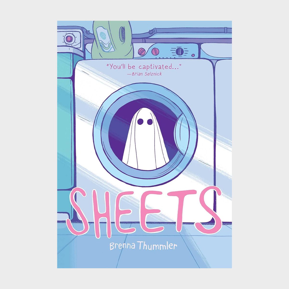 A ghost peeks from a washing machine in a laundromat. The book cover features the text â€œSheetsâ€ by Brenna Thummler.