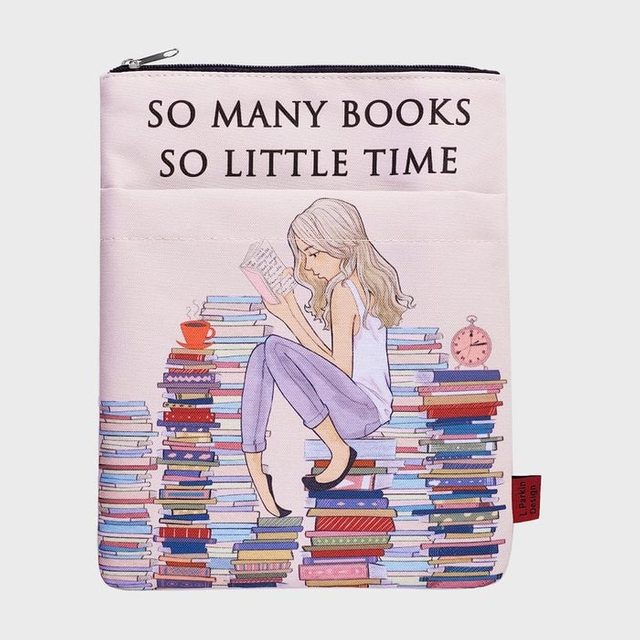 Illustrated person reads a book, sitting on stacked books, with a small clock and cup nearby. Text: 