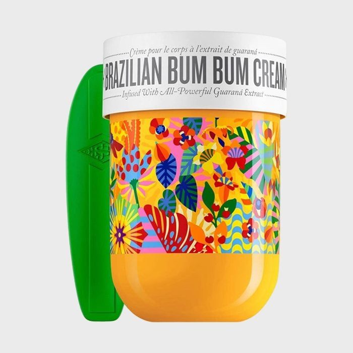 Colorful jar displaying tropical patterns, labeled 