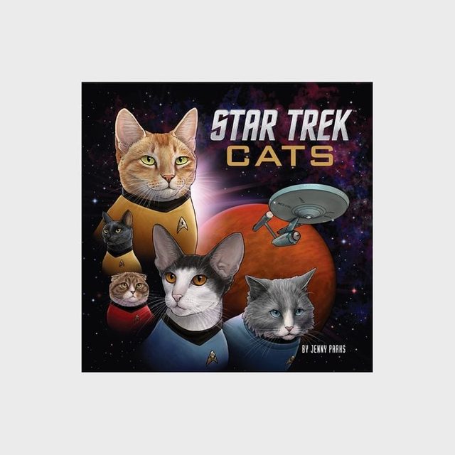 Cats wear Star Trek uniforms, floating in space with planets and a spaceship. Text reads 
