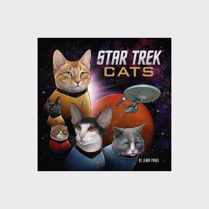Cats wear Star Trek uniforms, floating in space with planets and a spaceship. Text reads 