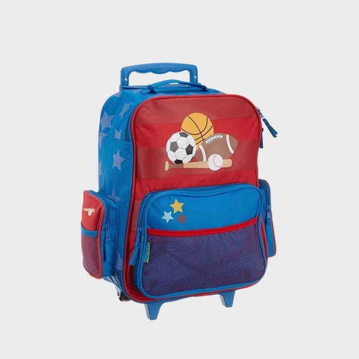 A colorful rolling backpack displays sports balls, rests upright, featuring star patterns and multiple zippered pockets, against a plain background.