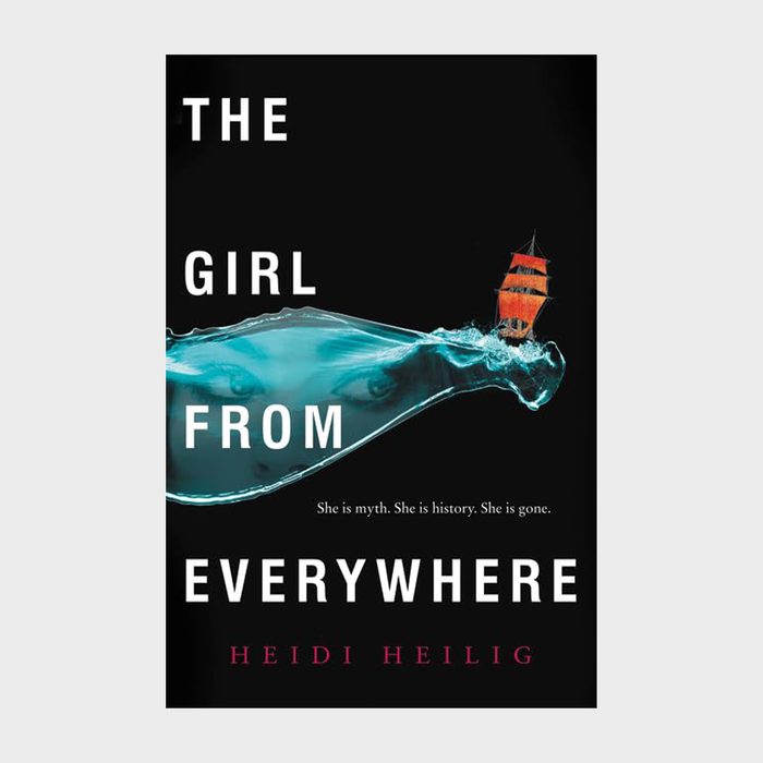 A red ship sails within a floating hourglass filled with water; a girl's eyes peer through. Text: 