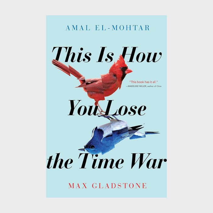 Two fragmented birds flying against a light blue background; bold text reads 