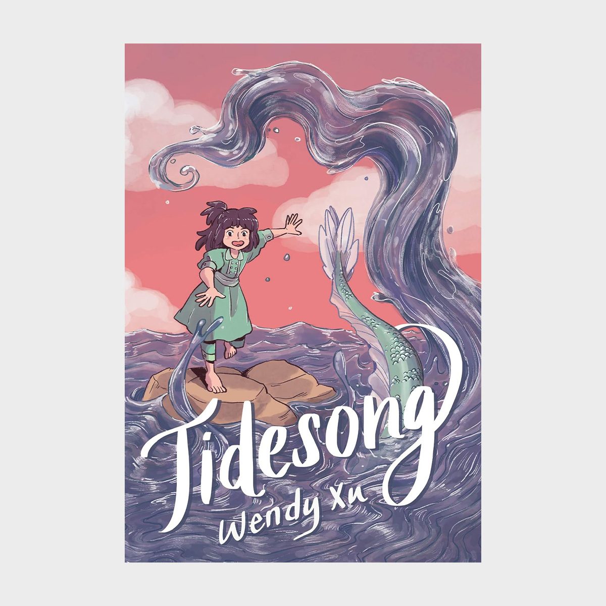 A young girl stands on a rock, reaching toward a large wave with a mermaid tail, set against a pink sky. "Tidesong" by Wendy Xu.