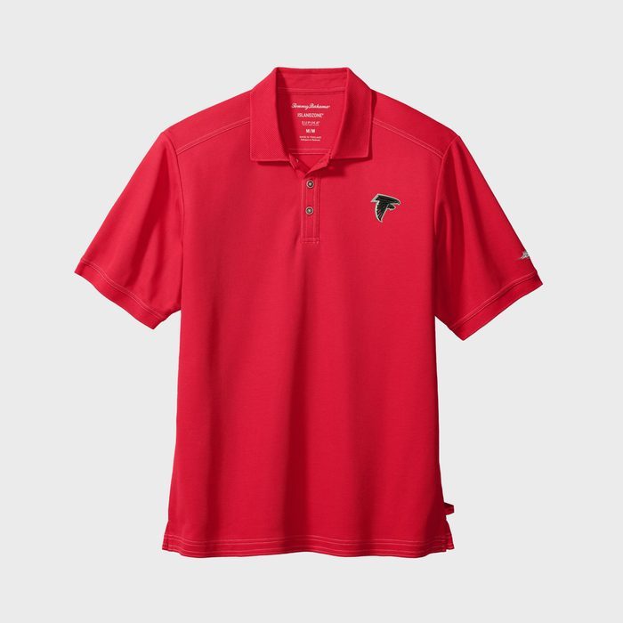 Red polo shirt with falcon logo embroidered on chest, displayed against a plain gray background.