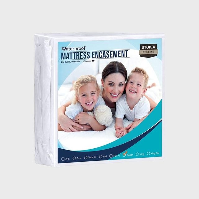 Packaging shows a smiling woman with two kids on a bed. Text reads: 