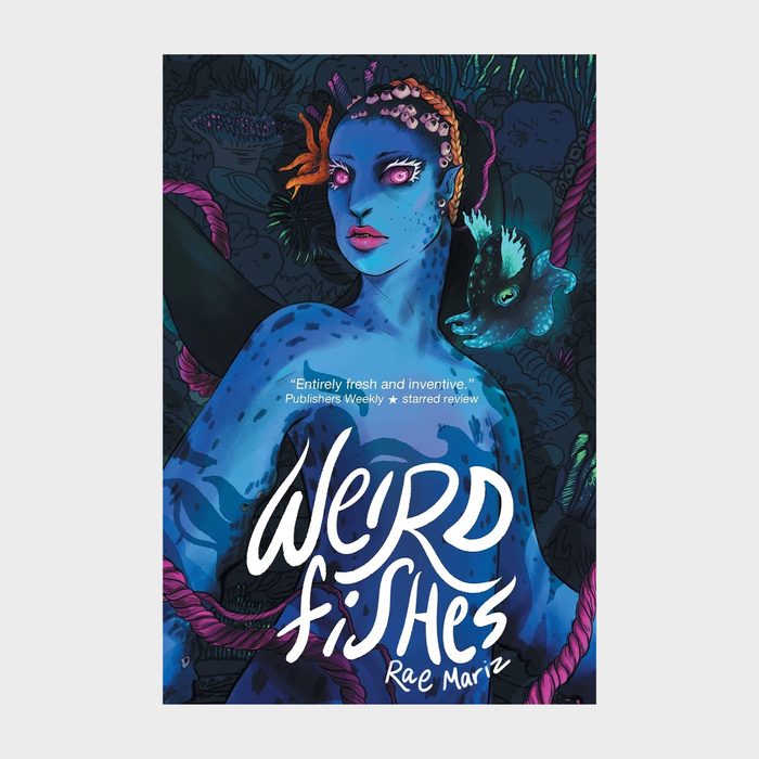 A blue, spotted humanoid with vibrant orange hair peacefully floats underwater, surrounded by coral and fish. Text reads, 