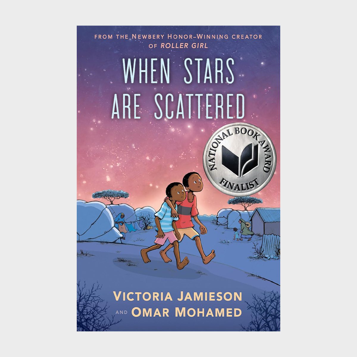 Two children walk under a starry sky in a village setting. The cover features the text "When Stars Are Scattered" with a book award seal.