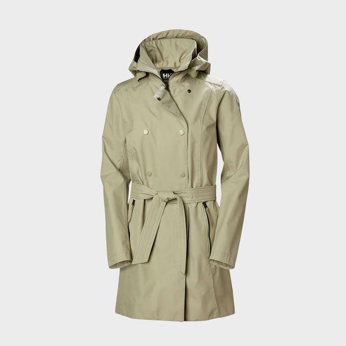 A beige trench coat hangs with a belt tied at the waist, displayed against a neutral background.
