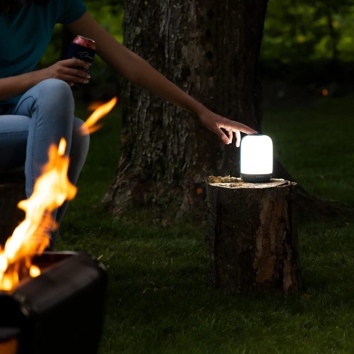A person touches a glowing lantern on a tree stump near a campfire, with trees and grass in the background.
