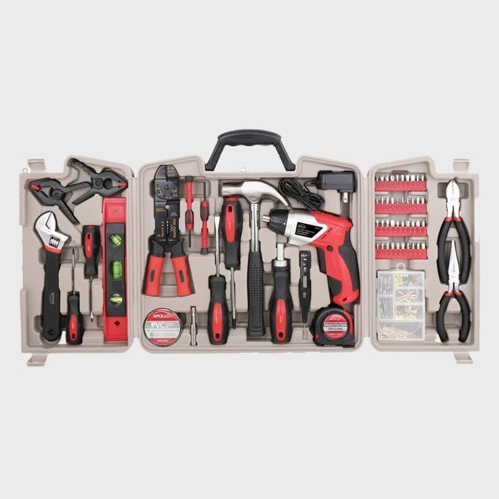 A plastic case holds various hand tools and a red drill, arranged neatly, for home repairs and maintenance tasks.