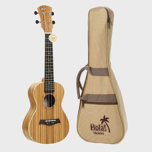 Ukulele stands upright next to a beige carrying case with 