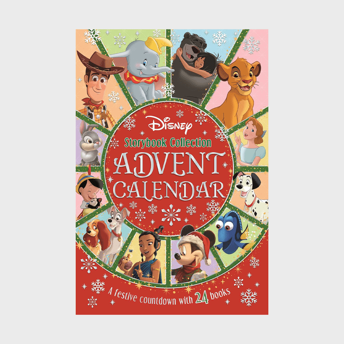 Advent calendar features Disney characters arranged around title, promoting a storybook collection with 24 festive books, surrounded by snowflakes.