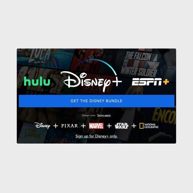 Logos of Hulu, Disney+, ESPN+ promote streaming bundle on overlaying movie images. Text: 