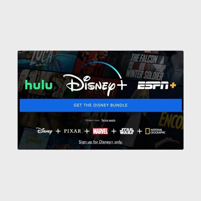 Logos of Hulu, Disney+, ESPN+ promote streaming bundle on overlaying movie images. Text: 
