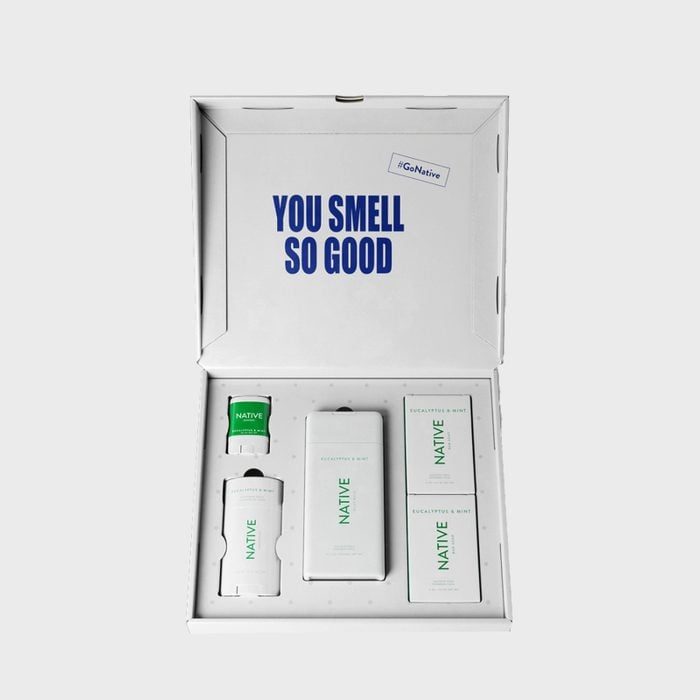 Box displays hygiene products labeled 