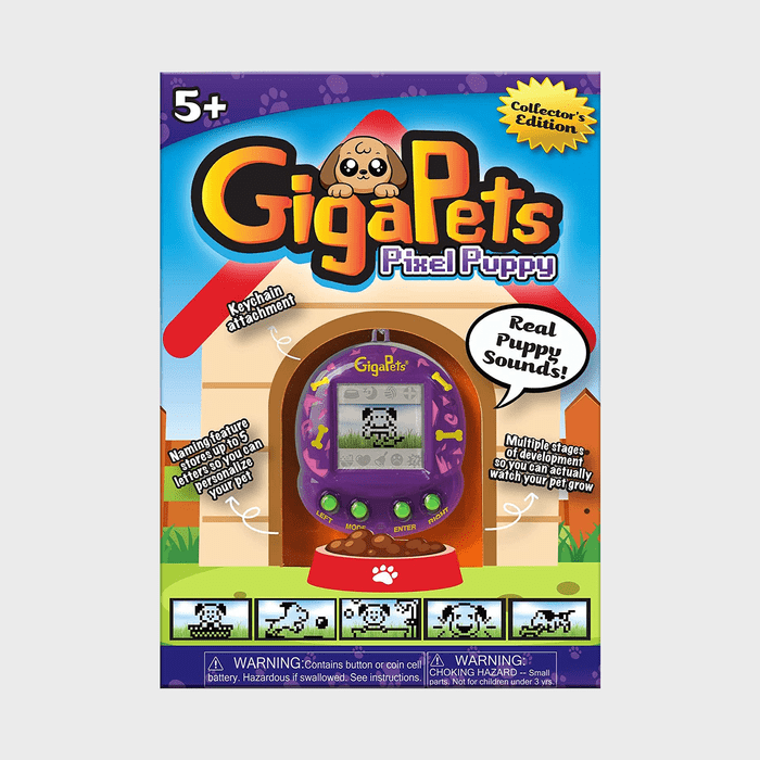 Purple GigaPets device in doghouse background, displaying pixel puppy, includes keychain attachment, real puppy sounds; text highlights features and warnings for ages 5+.