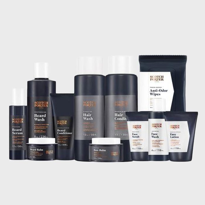 Various grooming products stand grouped together; bottles and jars labeled 