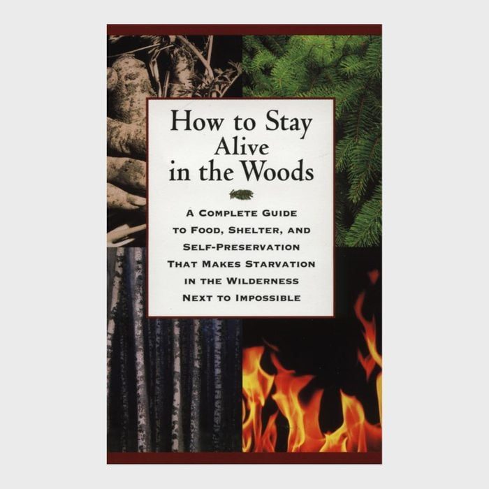 Book cover displays text about survival, with images of forest elements and flames surrounding it.