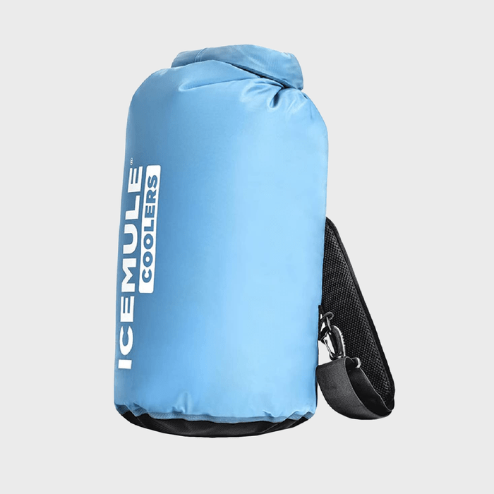 Blue cooler bag stands upright, displaying 