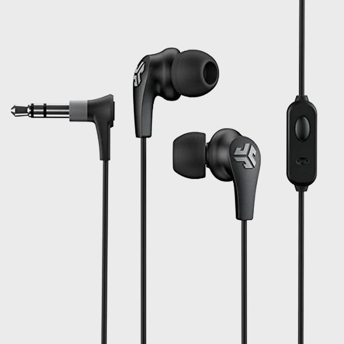 Black earbuds resting vertically, with a wired connection and inline microphone, displayed on a plain gray background.