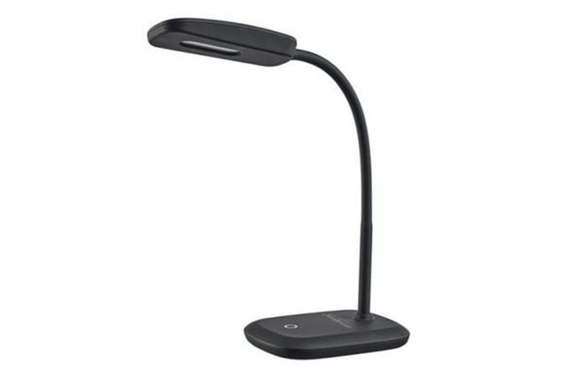 A black desk lamp with a flexible neck stands upright on a flat surface, against a plain white background.