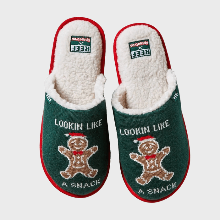 Slip-on slippers show gingerbread men with text 