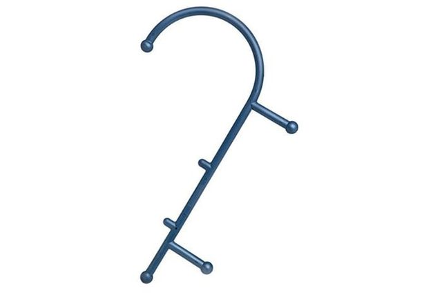 Blue plastic massage tool with curved handle and multiple knobs, displayed against a white background.