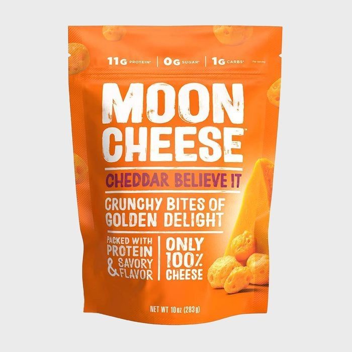 Bag of Moon Cheese displays cheese bites against an orange background, highlighting 