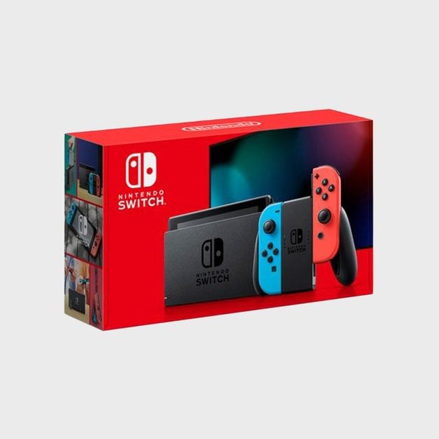Nintendo Switch console box displays device and controllers in vibrant red packaging, showcasing product design and features.