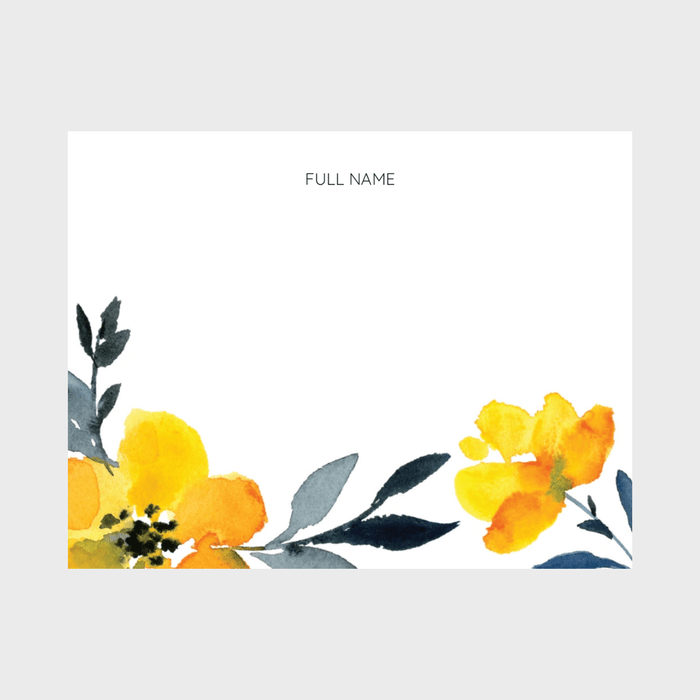 Yellow flowers with green leaves adorn corners, framing blank white space. Text reads 