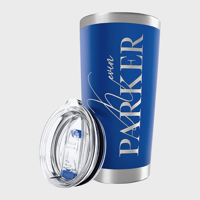 Blue tumbler with personalized name 