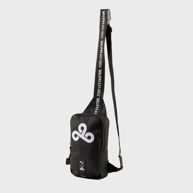 Black sling bag displaying logo, text strap saying 