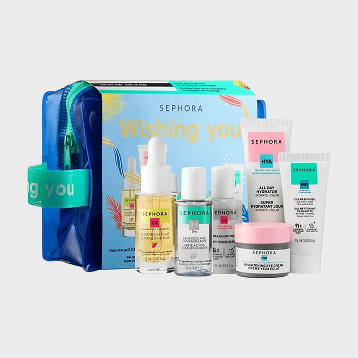 Skincare set displayed with bottles and tubes against a colorful box labeled 