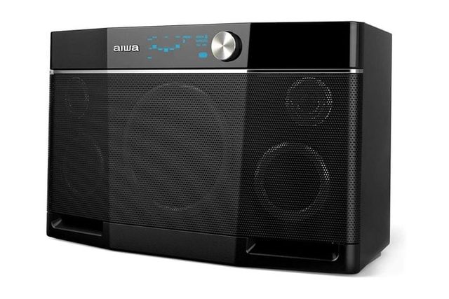 A black speaker displays digital equalizer bars, placed against a plain white background. The text 